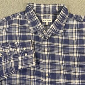 Peter Millar Linen Shirt Mens XL Blue Plaid Long Sleeve Button Down Summer Beach